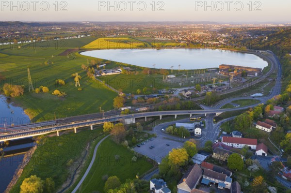 Aerial view of the reservoir with buildings of the former Niederwartha pumped storage plant, in the background Dresden and the Elbe valley, Saxony, Germany, Europe