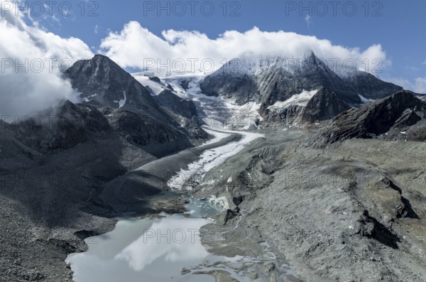 Aerial view, Alpine panorama, mountain landscape with glacier tongue and glacier lake, Glacier de Cheilon and summit Mont Blanc de Cheilon, Valais, Western Alps, Switzerland, Europe