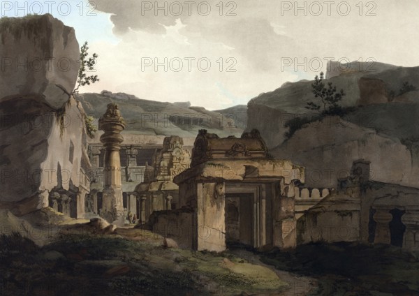 Indra Sabha, a Jain cave north of the Kailash temple in Ellora, known as Indrasabha. It is the largest and most beautiful of all Jain temples in Ellora, India, ca 1880, digitally enhanced reproduction of a 19th century model, Asia