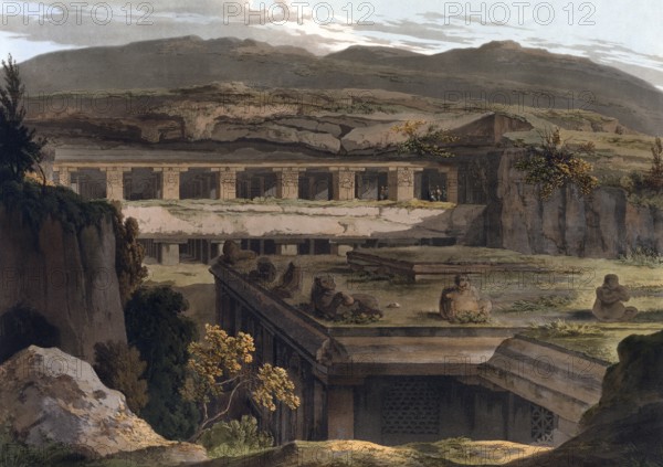 The Avatara, Hindu Kailasa temple of Ellora in the state of Maharashtra is the largest rock-cut temple in India carved out of a natural rock outcrop, ca 1880, digitally enhanced reproduction of a 19th century model