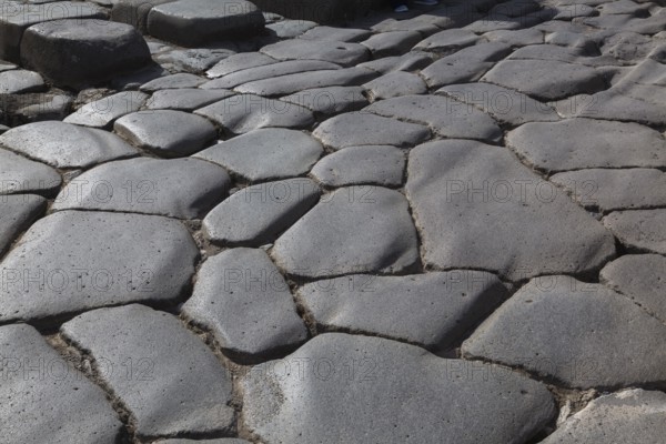 Close-up of large grey smooth and worn lava stones in a street at the ancient ruins of Pompeii, Campania region, Italy, Europe