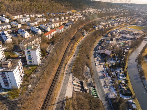 Industrial urban area with railway and river along residential buildings, Nagold, Black Forest, Germany, Europe