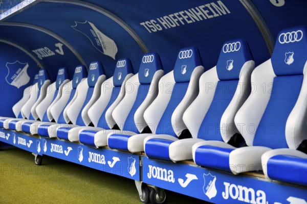 Substitute bench, TSG 1899 Hoffenheim, Logo, Audi, Joma, PreZero Arena, Sinsheim, Baden-Württemberg, Germany, Europe