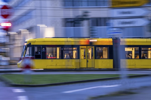 Tram in motion, local public transport, Ruhrbahn in VRR, in Essen, Altendorfer Straße, North Rhine-Westphalia, Germany, Europe