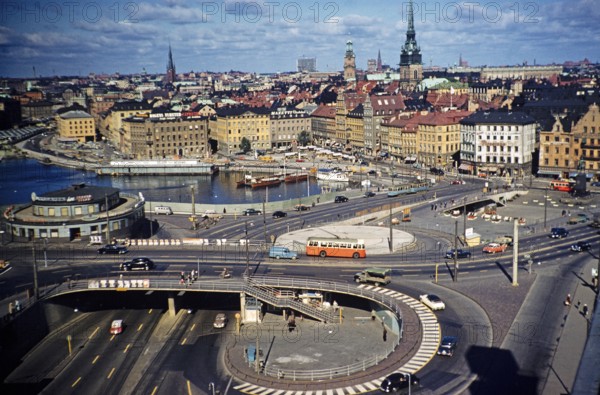 Vehicles using the new overpass system in the city centre of Stockholm, Sweden 1958, drive on the left-hand side