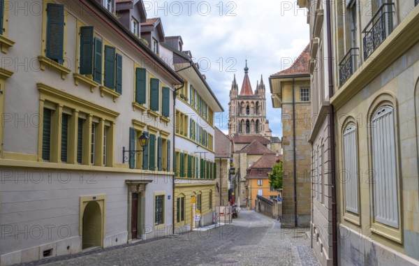 Alley in the Cité and tower of Notre Dame de Lausanne Cathedral, historic old town, Lausanne, Vaud, Switzerland, Europe