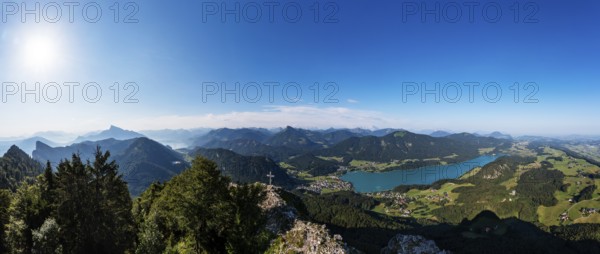 Drone shot, summit cross on the Frauenkopf with a view of Lake Fuschl, Osterhorn group, Salzkammergut, Salzburg province, Austria, Europe