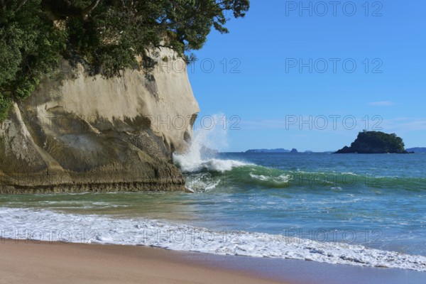 Breaking waves with spray in front of mighty cliffs by the sea, Cathedral Cove, Hahei, Coromandel Peninsula, North Island, New Zealand, Oceania