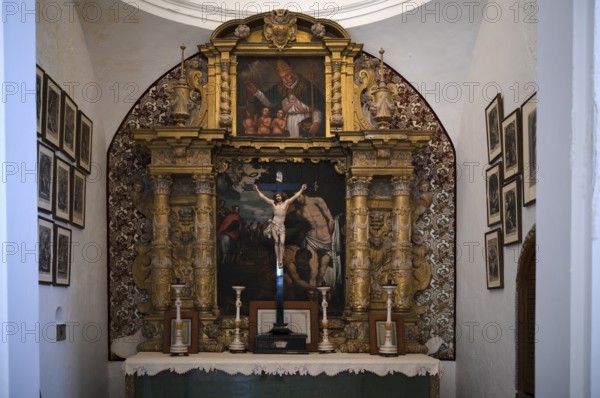 Interior view, Altar of the Chapel of the Charterhouse, Church Iglesia de la Cartuja, Real Cartuja (Royal Carthusian Monastery), Valldemossa, Tramuntana Mountains, Serra de Tramuntana, Majorca, Balearic Islands, Balearic Islands, Spain, Europe