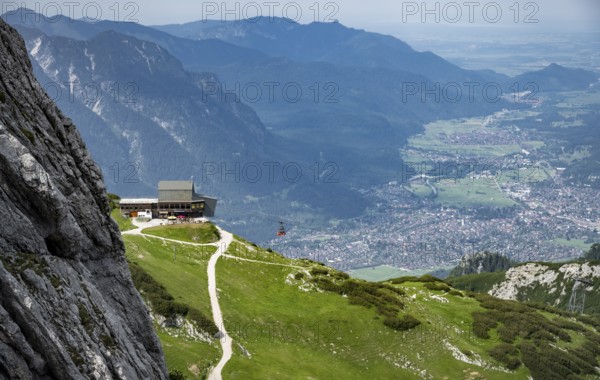 Alpspitzbahn, Osterfelderkopf with mountain railway, Grainau, Garmisch-Patenkirchen, Wetterstein range, Bavaria, Germany, Europe