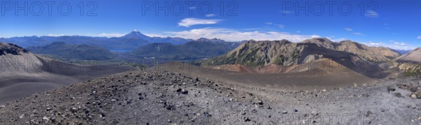 Panorama of the view from the summit of the Achen Niyeu volcano over the volcanic landscape in Lanin National Park, Patagonia, Argentina, South America