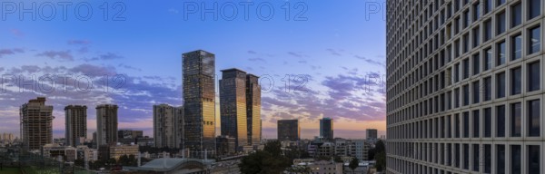Israel, Tel Aviv financial business district skyline with shopping malls and high tech offices, Asia