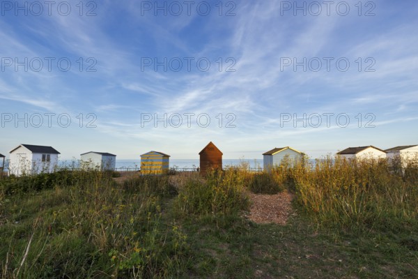 Colourful beach huts on a shingle beach, Cirrus, Kingsdown Beach, English Channel, Dover, Kent, England, Great Britain