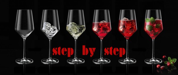 Step by step from empty to full cocktail glass, studio shot