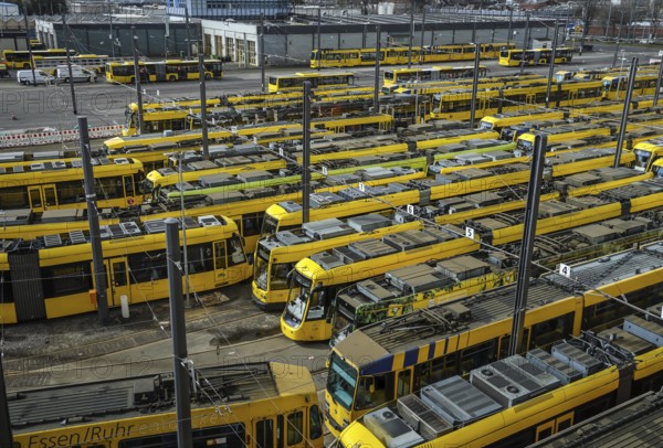 Essen, North Rhine-Westphalia, Germany, Trams at Ruhrbahn depot, Verdi and EVG warning strike, Europe