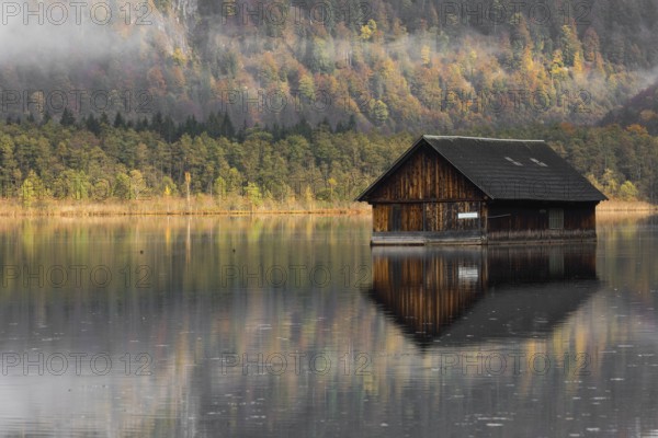 A boatshelter at lake Almsee. The forest in the background in full fall foliage and some fog above it