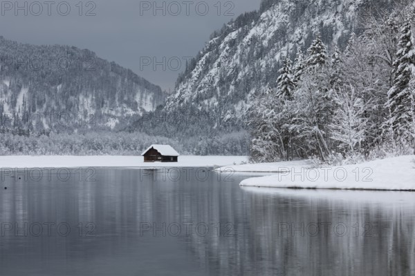Snow covered boat shelter on Lake Almsee which is partly frozen and snow covered. Snow on the forest with gray sky