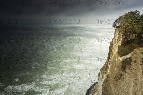 View of the chalk cliffs of Møns Klint on the Baltic Sea in autumn, dark clouds over the stormy sea, Møn Island, Denmark, Europe