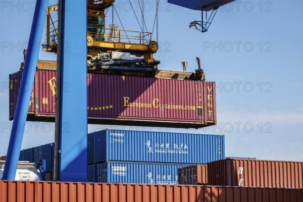 Duisburg, Ruhr area, North Rhine-Westphalia, Germany - Europe and China Containers in the Port of Duisburg, the new Silk Road connects the European inland port of Duisburg with Chinese metropolises, the goods trains need 16 days for the direct connection