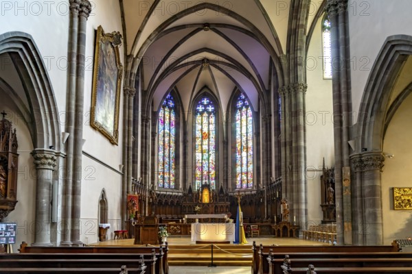 Interior of the Roman Catholic church of St-Grégoire or St Gregory in Ribeauville, Alsace, France, Europe