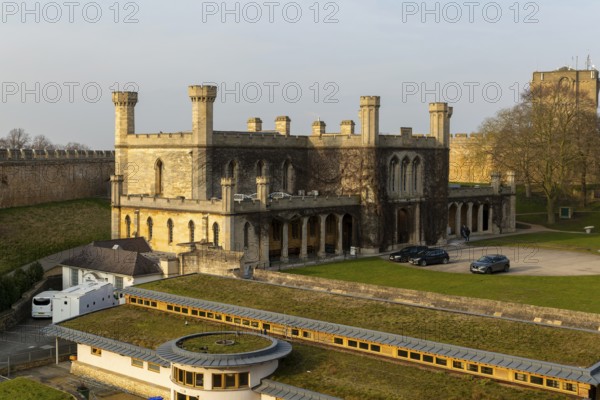 View from medieval walls of Crown Court building inside Lincoln Castle, city of Lincoln, Lincolnshire, England, UK