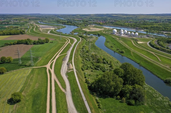 Haltern-Marl, North Rhine-Westphalia, Germany, Lippe, Flood protection in the Haltern-Lippramsdorf-Marl area (HaLiMa) . Flood protection on the River Lippe by relocating the dyke and thus extending the floodplain. Marl Chemical Park at the back right, Europe