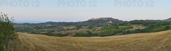 Typical Tuscan landscape, Montepulciano village with San Biagio Renaissance Church at sunset in autumn, architect Antonio da Sangallo, Montepulciano, Tuscany, Italy, Europe