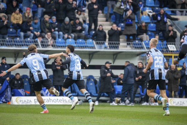 Football 3rd division, 2024/25 season, matchday 24: Waldhof Mannheim v Hansa Rostock***Celebration after the 3-0 win by Arianit Ferati (19, Mannheim)