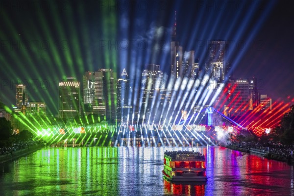 A spectacular light show at the Flößerbrücke in Frankfurt am Main puts spectators in the mood for the start of the 2024 European Football Championship, which will take place from 14 June to 14 July 2024, Frankfurt am Main, Hesse, Germany, Europe