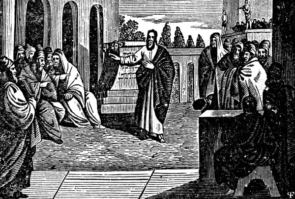 Apostle Paul in Athens proclaiming the unknown God and the Gospel at a public meeting place, apostolic journey, New Testament, audience, Jews, history of the apostles, woodcut, historical illustration, Christoph Schmid's Biblical History 1831