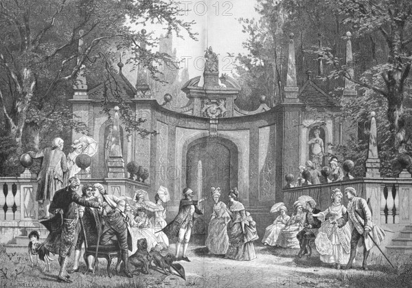 Fine society playing Blindekuh, Blinde Kuh, c. 1880, Germany, Reproduction of an original, c. 1900, historical, Elegant rococo scene in a garden with figures and sculptures. People strolling in the park landscape, Europe