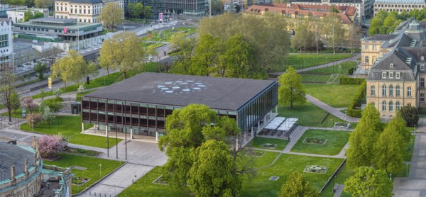 State parliament of Baden-Württemberg, exterior view of the parliament building. City view of Stuttgart. Aerial view. Stuttgart, Baden-Württemberg, Germany, Europe