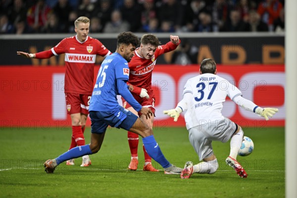 Penalty area scene, Goal area scene Goal shot Action Goal chance Angelo Stiller VfB Stuttgart (06) v Kevin Akpoguma TSG 1899 Hoffenheim (25) Goalkeeper Luca Philipp TSG 1899 Hoffenheim (37) at the back Chris Führich VfB Stuttgart (27) PreZero Arena, Sinsheim, Baden-Württemberg, Germany, Europe