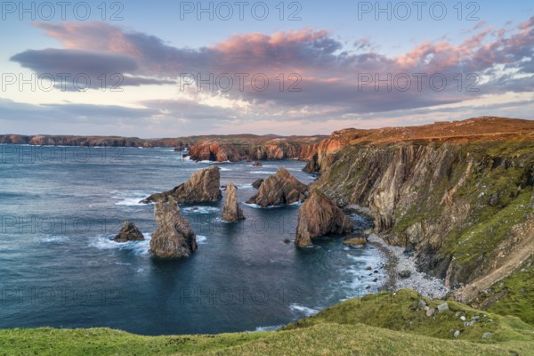 Mangersta Sea Stacks, sunset, Isle of Lewis, North Atlantic, Outer Hebrides, Scotland, Great Britain