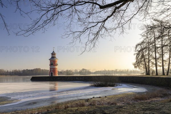 Pier with lighthouse on the large pond near the Fasanenschlößchen, Moritzburg, Saxony, Germany, Europe