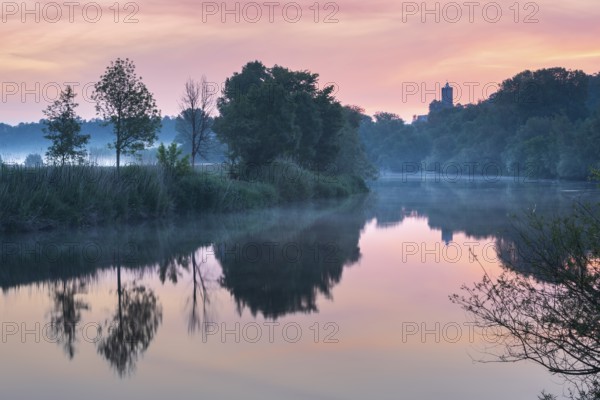 Sunrise at the Saale river with ruins of Schönburg castle, water reflection, morning fog, Naumburg, Saxony-Anhalt, Germany, Europe