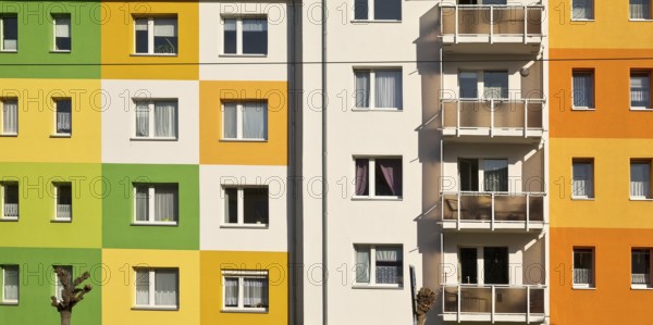Geometrically and colourfully designed apartment buildings of a housing association, Halberstadt, Saxony-Anhalt, Germany, Europe