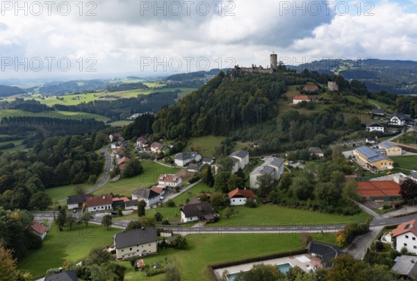 Drone shot, view of the town, Waxenberg castle ruins, Waxenberg, Mühlviertel, Upper Austria, Austria, Europe
