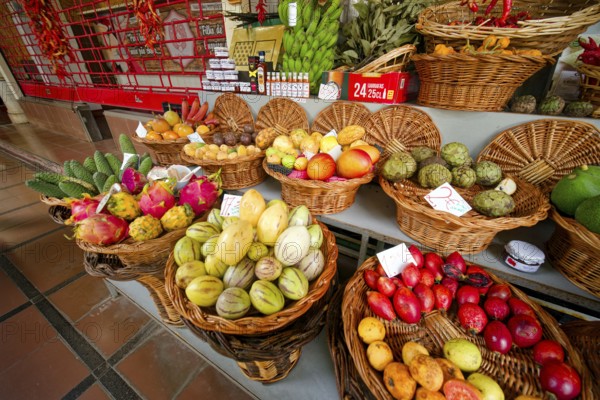 Fruit and vegetables, Mercado dos Lavradores market hall, interior view, Funchal, Madeira, Portugal, Europe