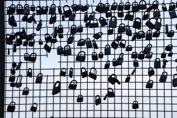 Padlocks, so-called love locks on a fence, vantage point in Wesel am Rhein, North Rhine-Westphalia, Germany, Europe