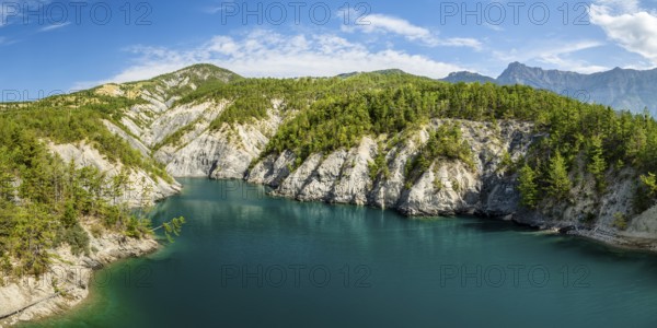 France, French Maritime Alps, region Provence-Alpes-Côte d'Azur, Département Haute Alpes, mountain range at lake Serre-Poncon, Champs, travel landscape nature Alps, Europe