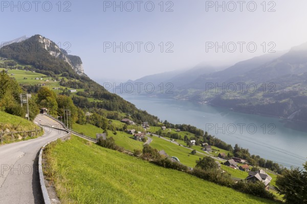View of Amden with Chapf and Lake Walen, St.Gallen, Switzerland, Europe