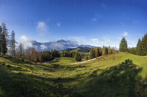 View from the Moosegg high plateau to the Hoher Göll, Golling, Osterhorn group, Salzburg province, Austria, Europe