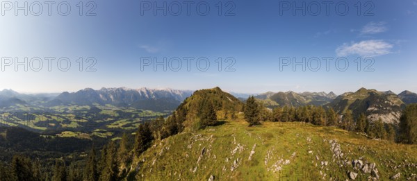 Drone shot, summit of the Einberg with a view of the Lammertal and Tennengebirge mountains, Osterhorn group, Salzkammergut, Salzburg province, Austria, Europe