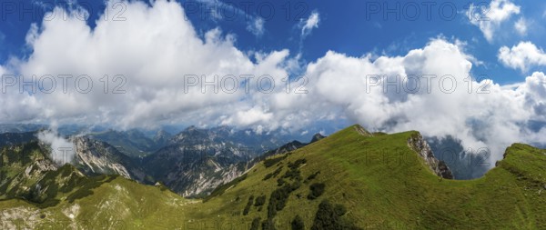 Drone image, view from the Gamsfeld into the Osterhorn group, Russbach, Salzkammergut, Salzburg province, Austria, Europe