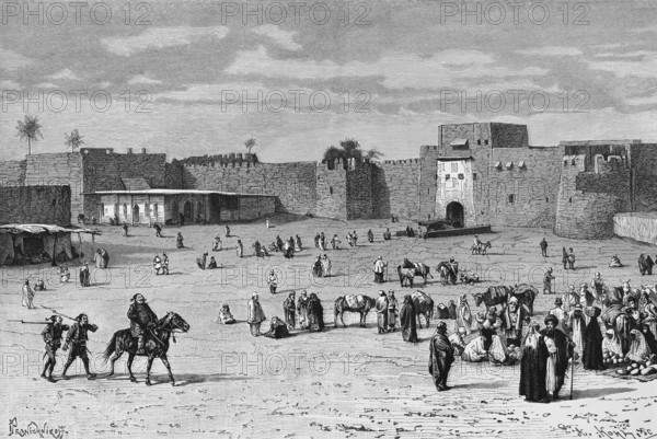 Marketplace at the northern city gate of Baghdad, merchants, trade, city wall with battlements, capital, crowd, Arabs, horses, buildings, travelling in Asia, Iraq, historical illustration 1887, Asia