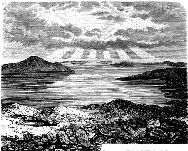 Prehistoric seascape, with islands and mountains, sky, clouds, sunbeams, fossils, Neolithic, historical illustration 1880