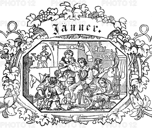 Month of January or January, winter month with work in the house, family in the kitchen, baby, children, parents, spinning wheel, shelf with crockery, grapevine ornamentation, woodcut illustration, Swiss calendar for 1848