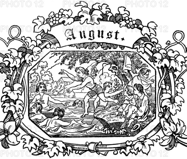 Month of August, bathing in the lake on a sunny day, swimming, grapevine ornamentation, inscription, woodcut illustration, Swiss calendar for 1848
