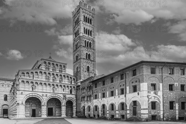 The Cathedral of San Martino, historic city centre, black and white photo, Lucca, Tuscany, Italy, Europe